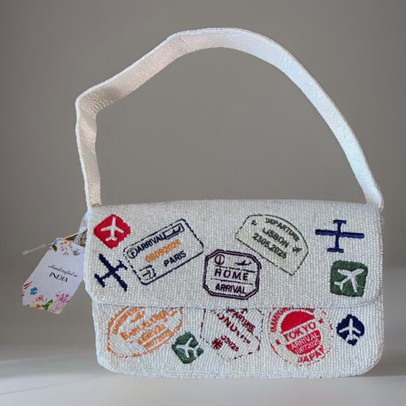 Passport Stamp Beaded Bag White Handcrafted in India VIral TikTok Rome Paris - Picture 1 of 5